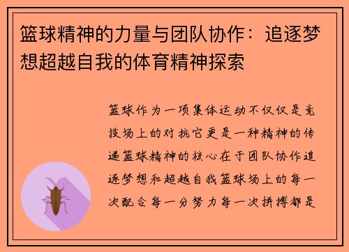 篮球精神的力量与团队协作：追逐梦想超越自我的体育精神探索