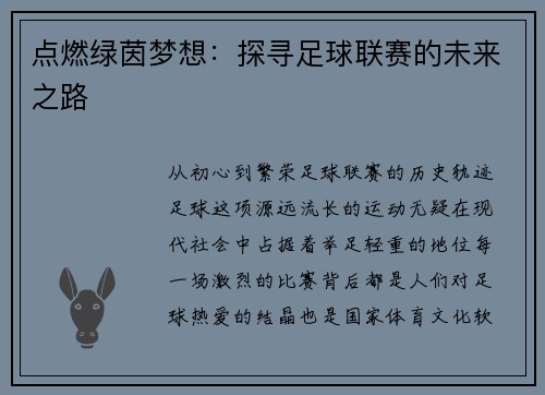 点燃绿茵梦想：探寻足球联赛的未来之路