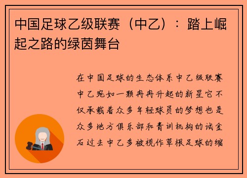 中国足球乙级联赛（中乙）：踏上崛起之路的绿茵舞台
